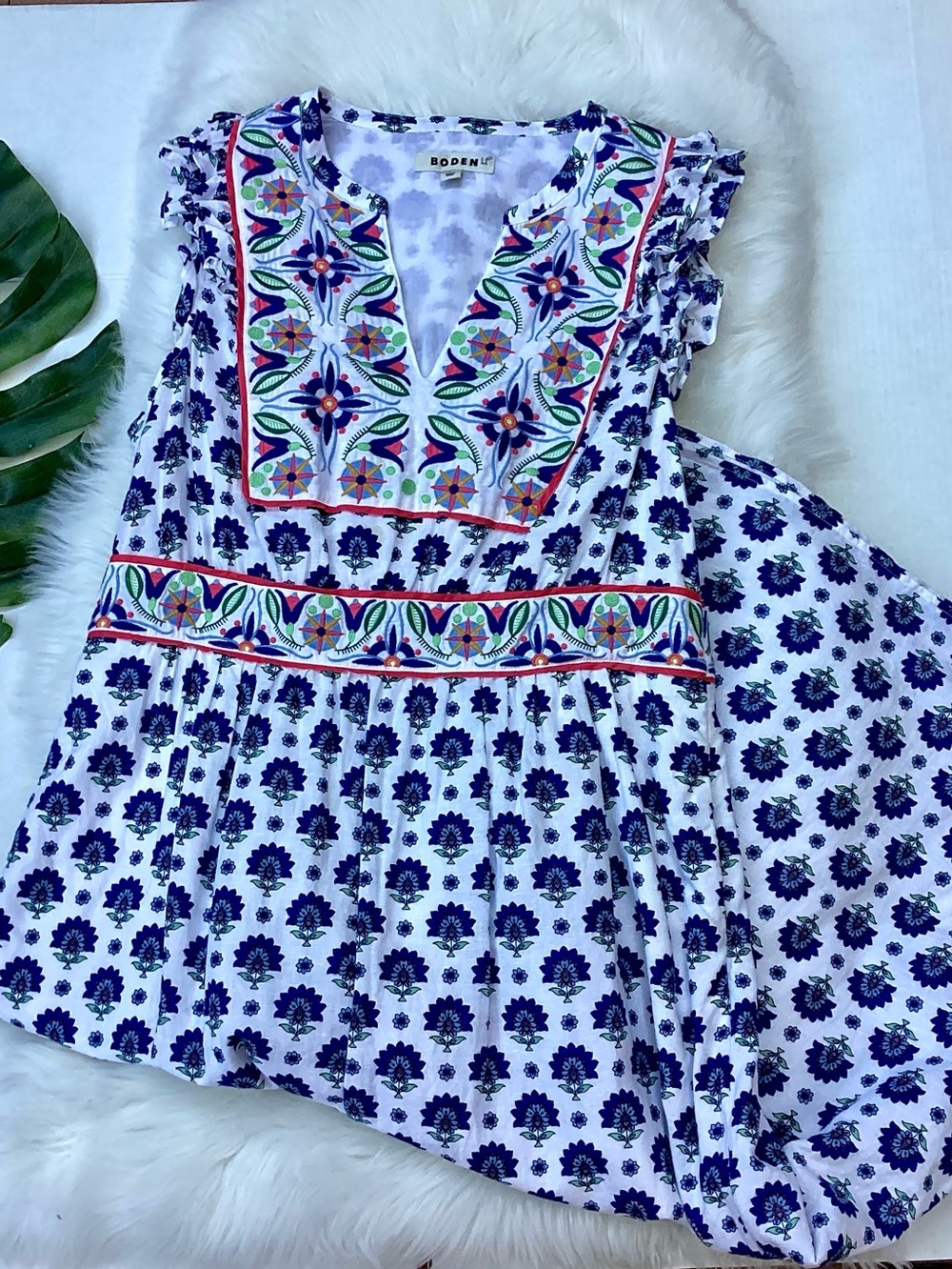 Boden Linen Cotton Frill Embroidered Midi Dress w/ POCKETS Blue & White 12 - Picture 4 of 10